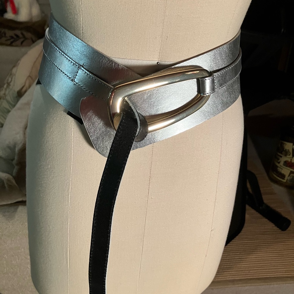 Zara Metallic Silver Waist Belt with Black Suede Tail